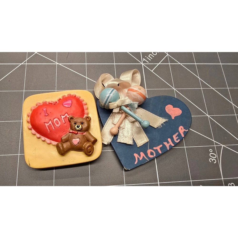 Vintage Mother's Day Refrigerator Magnets Set Teddy Bear Heart Baby Rattles